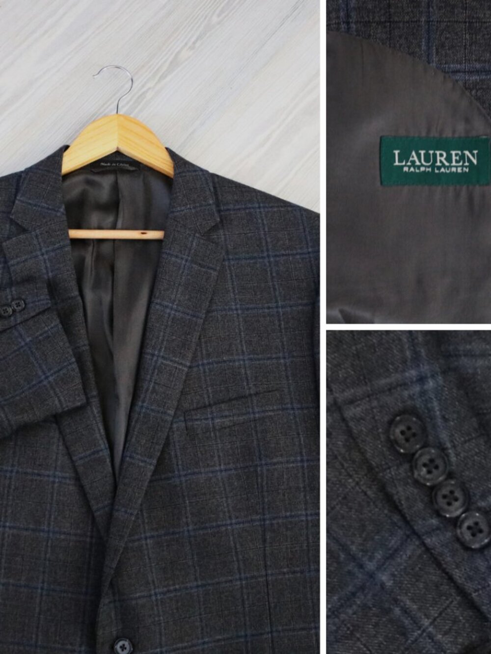 Lauren Ralph Lauren Windowpane Blazer Men's 50L Charcoal Wool Sport Coat Formal